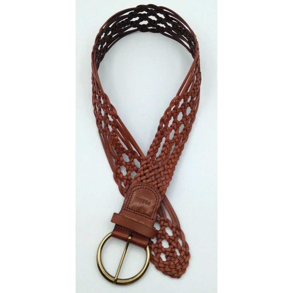 Fossil Belt Wn S Brown Leather Braided Woven Brass Buckle Boho Hippie Western